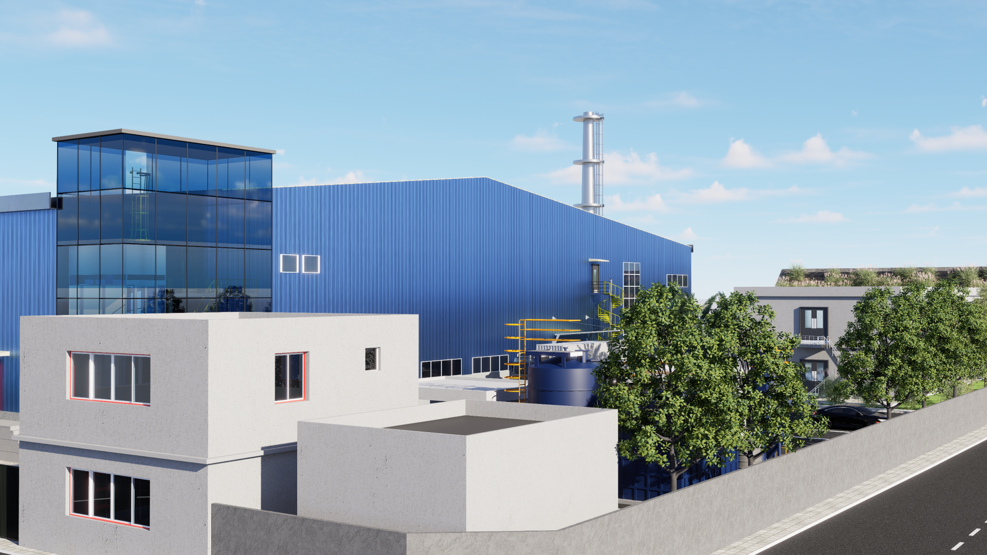 A factory building with a blue roof, Pharma Access's commitment to innovation and excellence in healthcare solutions.
