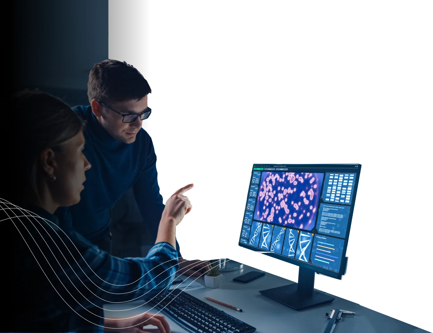 Two individuals engaged with a computer screen, Pharma Access' innovative solutions in healthcare and pharmaceuticals.