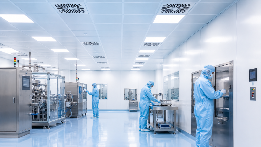 Sterile industrial cleanroom with technicians