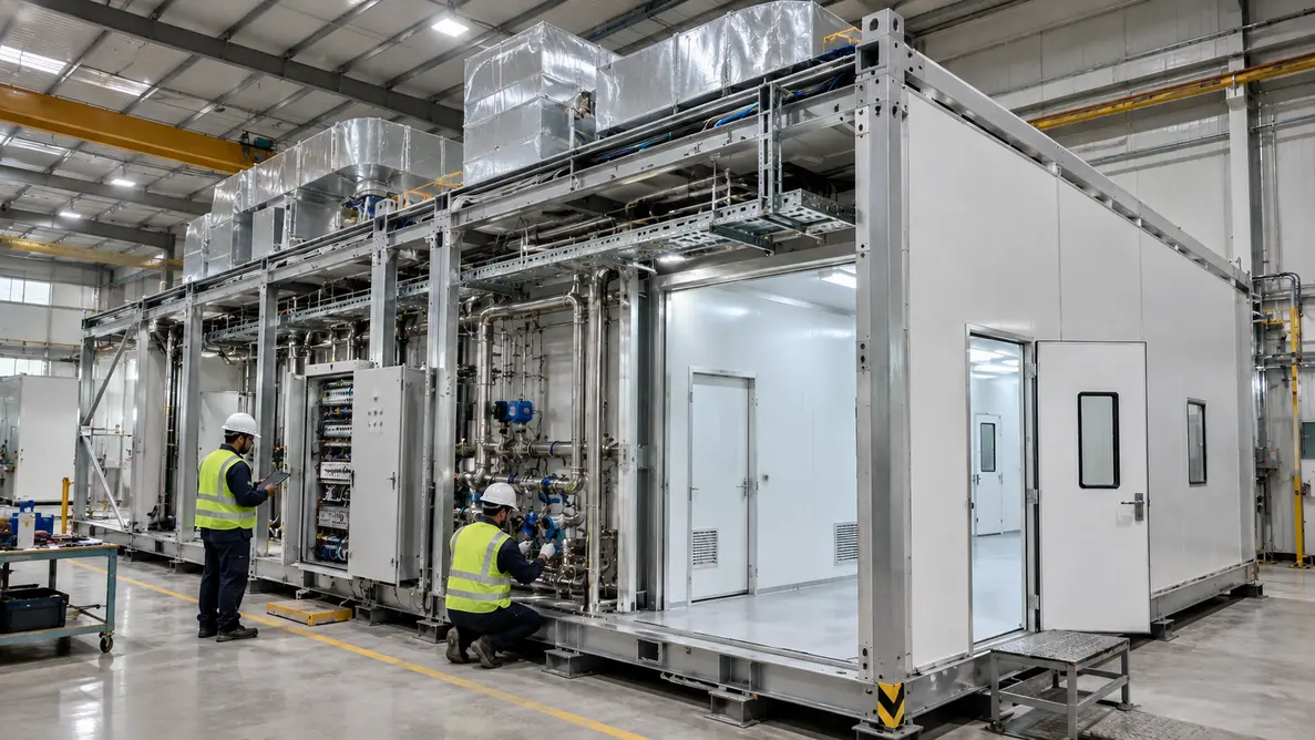 Factory-built modular GMP core unit under controlled assembly